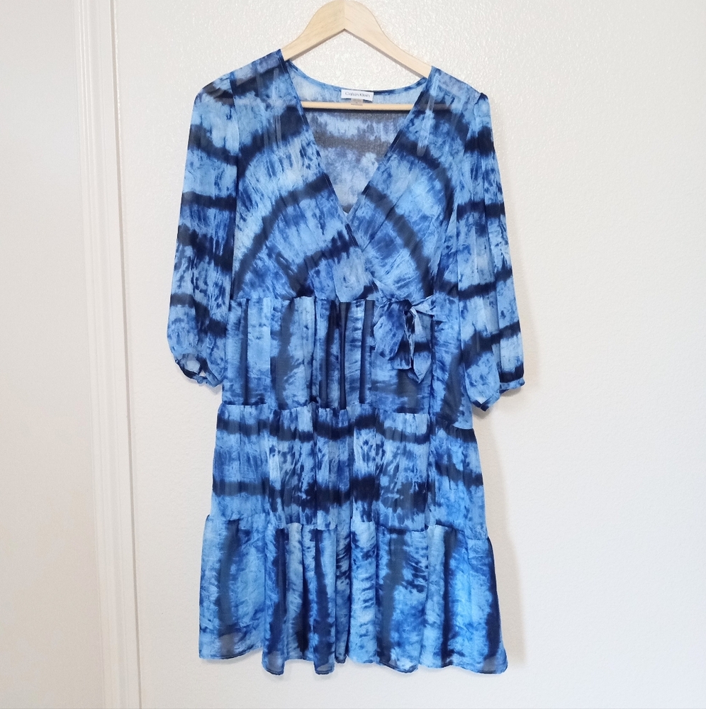Calvin Klein NWOT v-neck Tie Dye Surplice Fully Lined Faux Wrap Dress Size 10